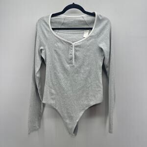 Aerie Henley Body Suit Womens‎ Large Heather Gray Long Sleeve 1/4 Button